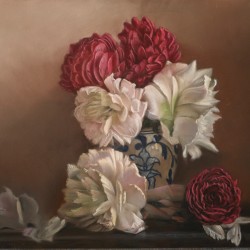 Bouquet de Pivoines au pot blanc et bleu