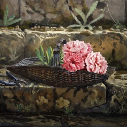 Panier de fleurs coupées - huile sur toile