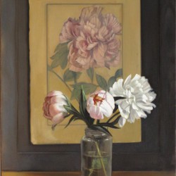 Pivoines et gravure - huile sur toile - 41 x 33 cm